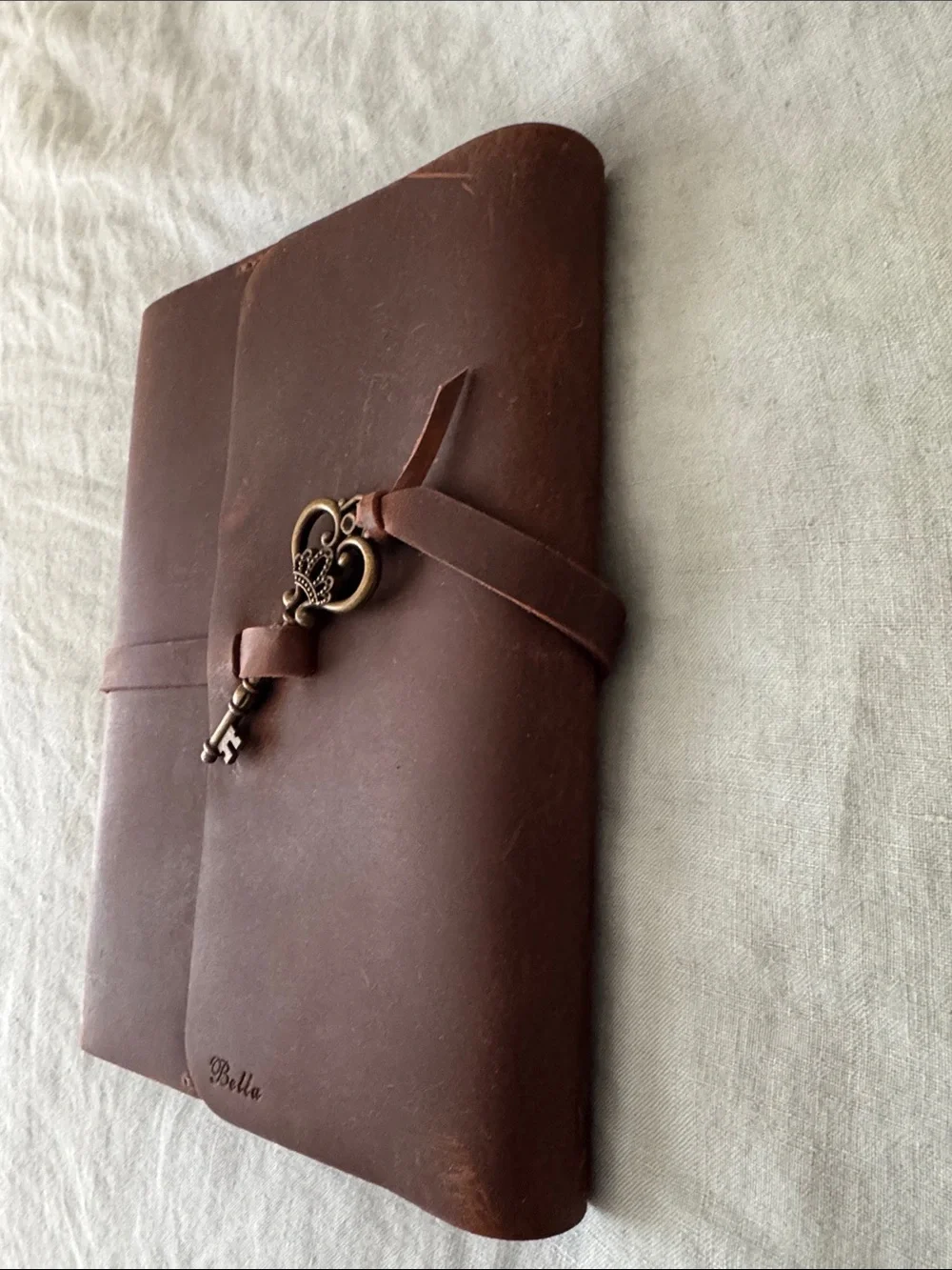 Genuine Brown Leather Handmade Refillable Journal with Key Charm “Bella” Unused